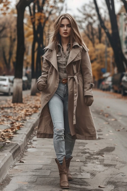 a woman wears a trench coat, blue jeans and brown cowboy boots (2)