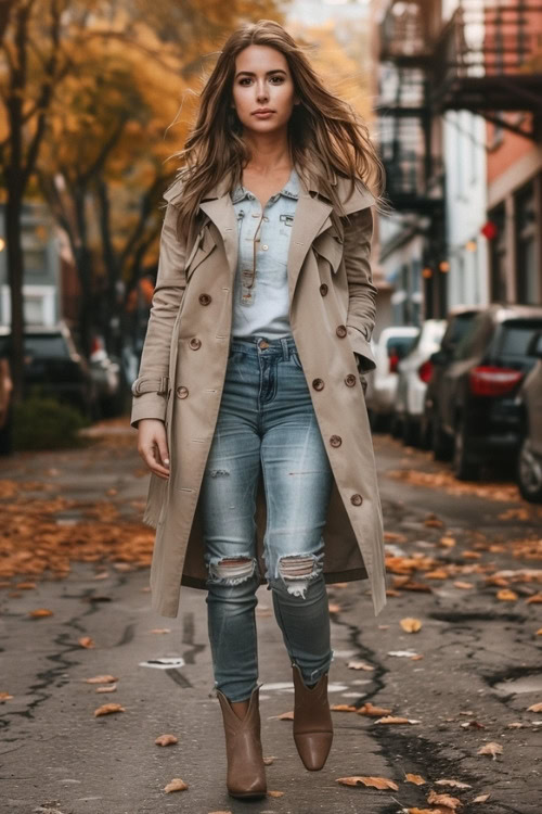 a woman wears a trench coat, ripped jeans and brown cowboy boots