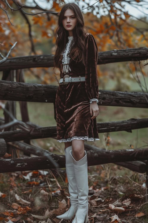 a woman wears a velvet brown dress and white cowboy boots