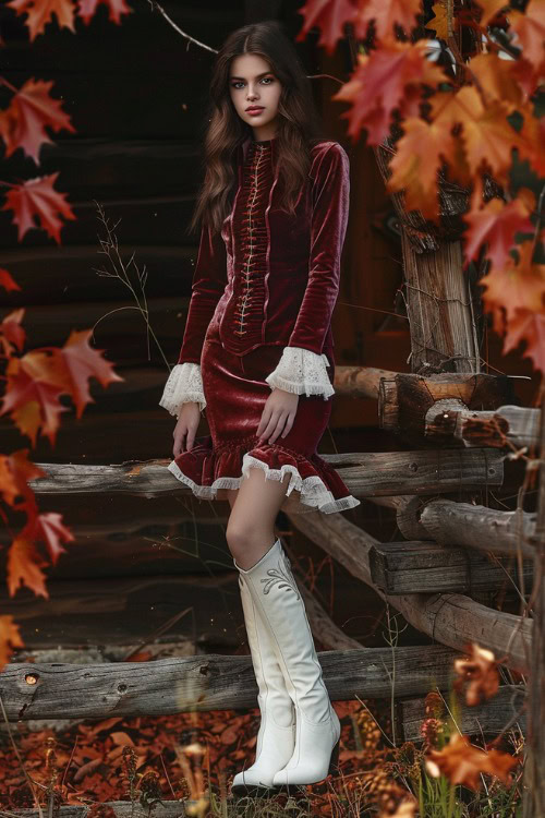 a woman wears a velvet burgundy dress and white cowboy boots