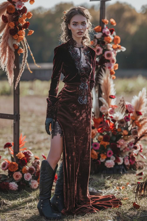 a woman wears a velvet dress and black cowboy boots