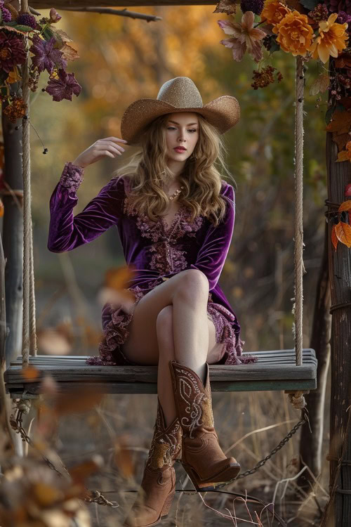 a woman wears a velvet purple dress and brown cowboy boots