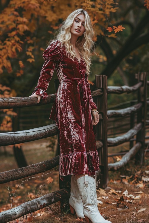 a woman wears a velvet red dress and white cowboy boots