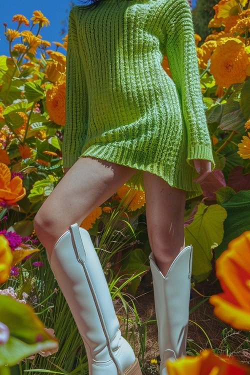 a woman wears a vibrant green sweater dress and white cowboy boots