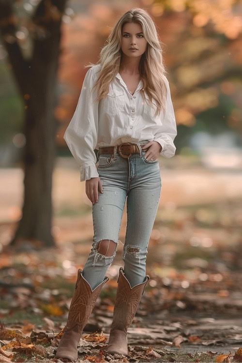 a woman wears a white blouse, ripped jeans and brown cowboy boots