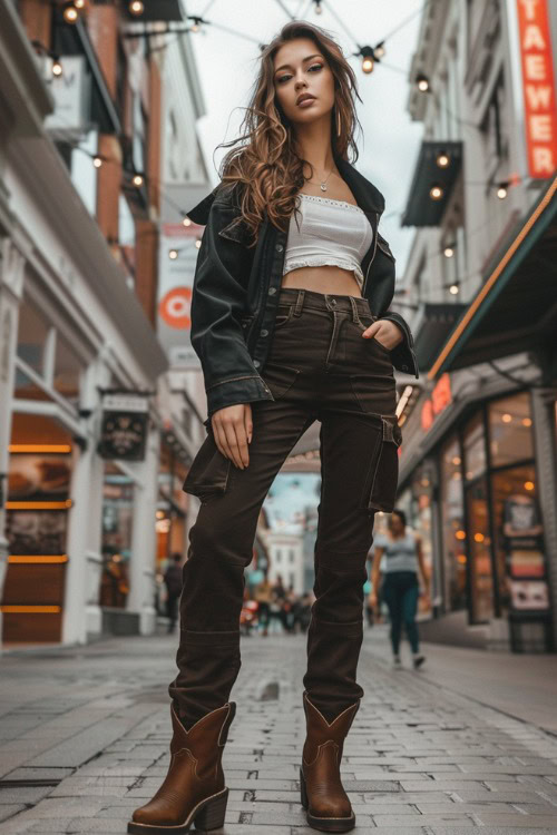 a woman wears a white crop top, black cargo pants and brown cowboy boots