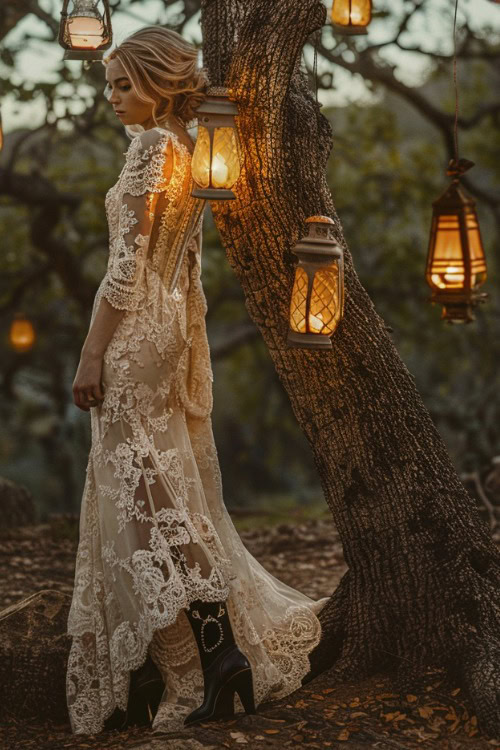 a woman wears a white dress with black cowboy boots