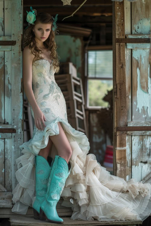 a woman wears a white dress with mint cowboy boots