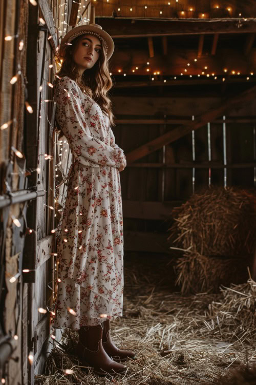 a woman wears a white floral dress and brown cowboy boots