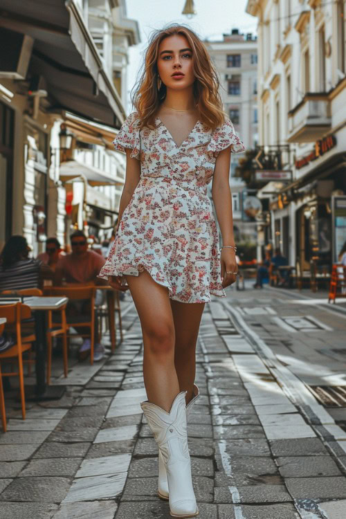 a woman wears a white floral dress with white cowboy boots