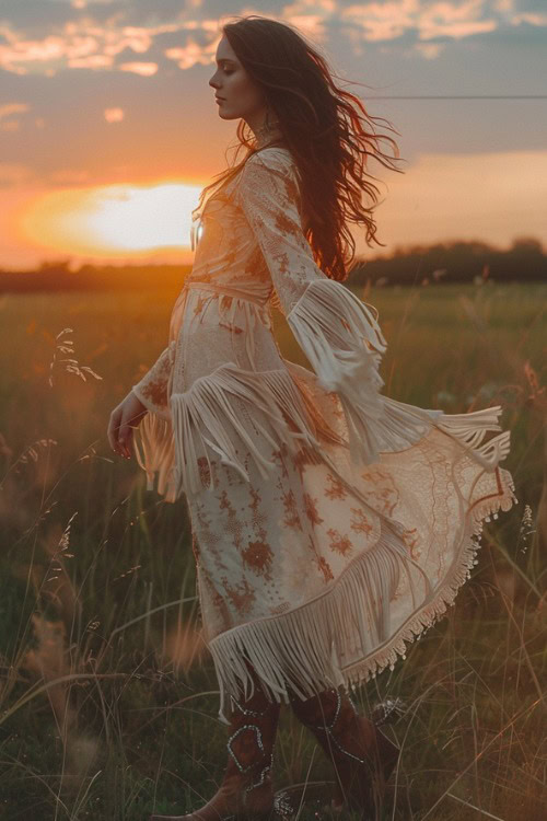 a woman wears a white fringe dress and brown cowboy boots