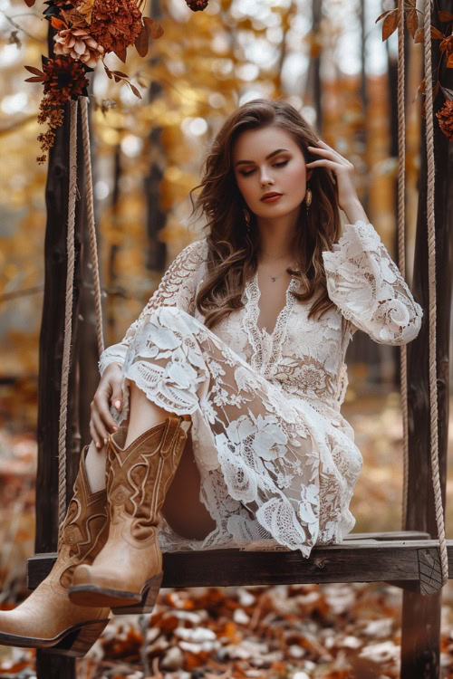 a woman wears a white lace dress and brown cowboy boots (2)