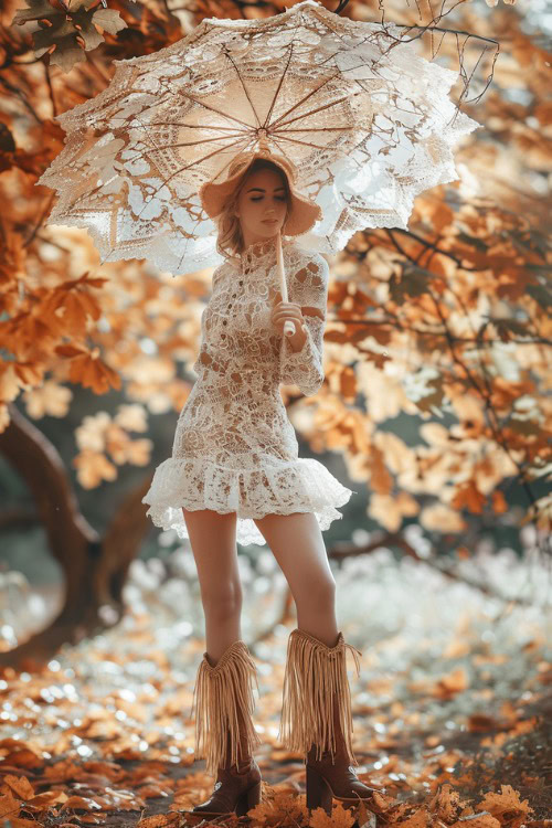 a woman wears a white lace dress and fringe cowboy boots