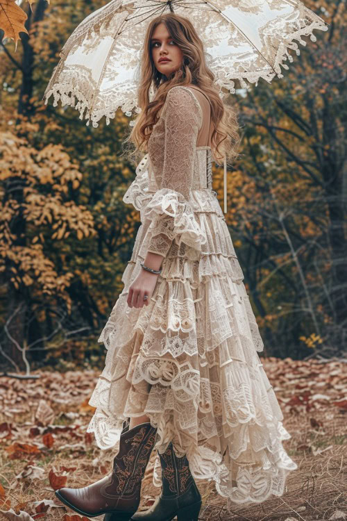 a woman wears a white lace tiered dress and brown cowboy boots