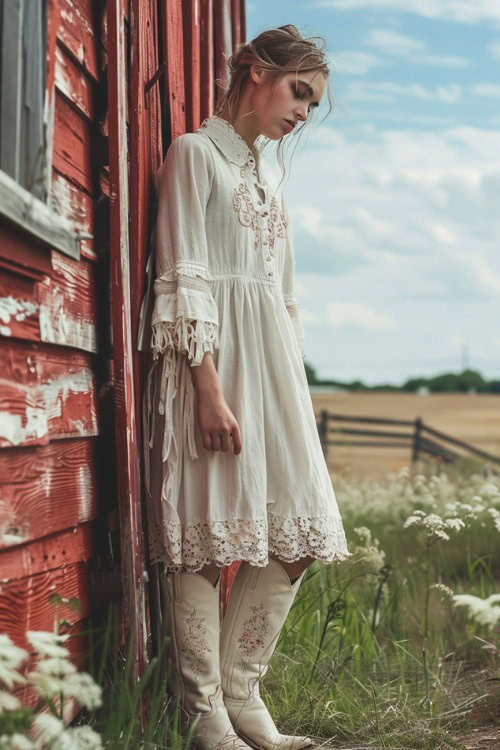 a woman wears a white long dress and white cowboy boots