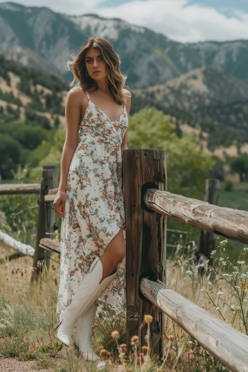 a woman wears a white long floral dress and white cowboy boots