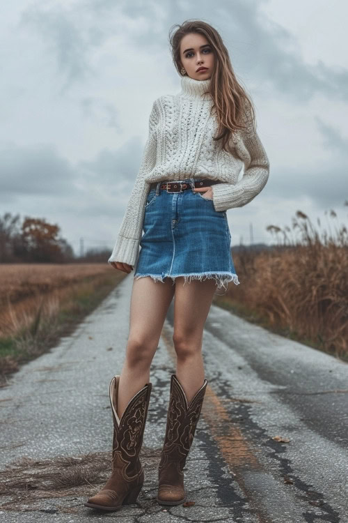 a woman wears a white sweater, a denim skirt and brown cowboy boots