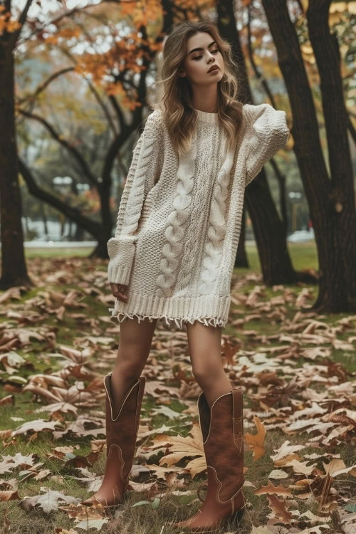 a woman wears a white sweater dress and brown cowboy boots