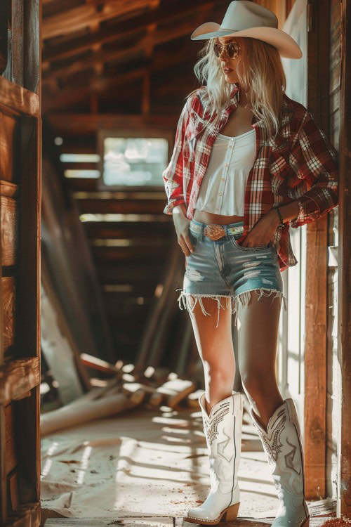 a woman wears a white top under a plaid shirt, jean shorts with white cowboy boots