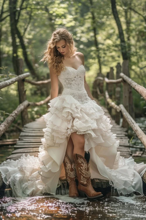 a woman wears a white wedding dress and brown cowboy boots