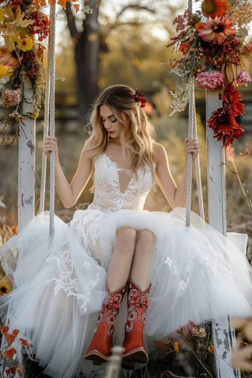 a woman wears a white wedding dress and red cowboy boots