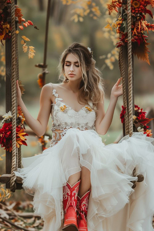 a woman wears a white wedding dress and red short cowboy boots