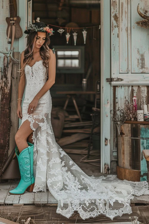 a woman wears a white wedding long dress and mint cowboy boots