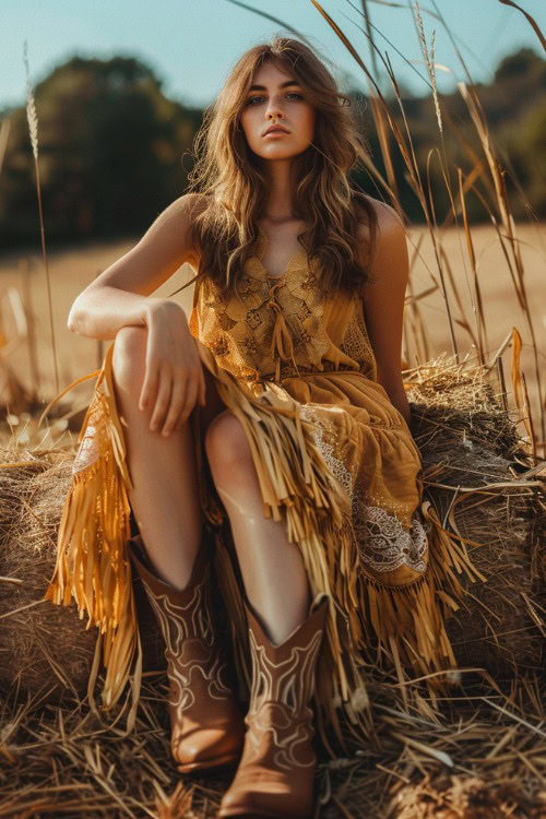 a woman wears a yellow dress and brown cowboy boots