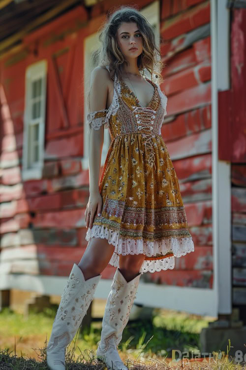 a woman wears a yellow dress with white cowboy boots