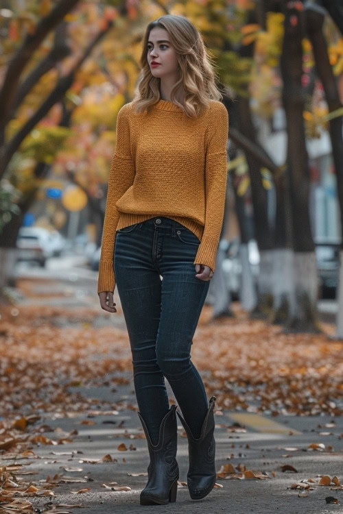 a woman wears a yellow sweater, black jeans and black short cowboy boots