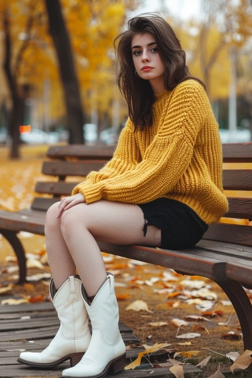 a woman wears a yellow sweater, black shorts and white cowboy boots (2)