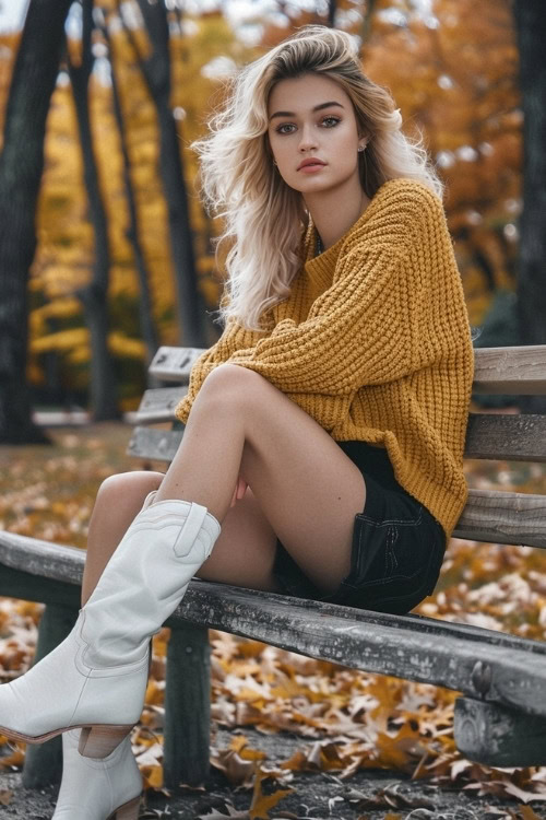 a woman wears a yellow sweater, black shorts and white cowboy boots