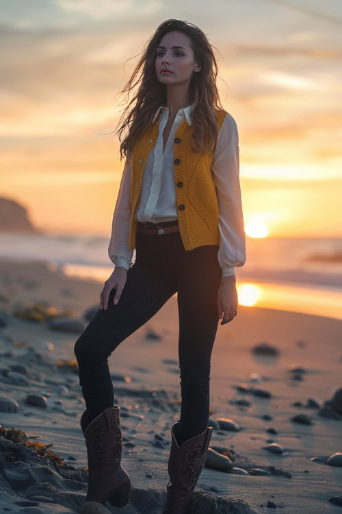 a woman wears a yellow sweater vest, a white shirt, black jeans and brown cowboy boots