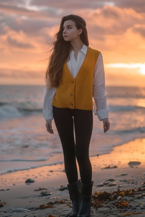 a woman wears a yellow sweater vest, a white shirt, leggings and black cowboy boots