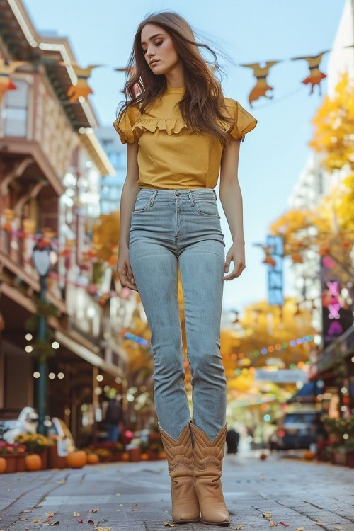 a woman wears a yellow top, blue pants and short cowboy boots