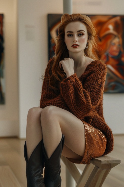 a woman wears an earthy brown sweater dress with black cowboy boots