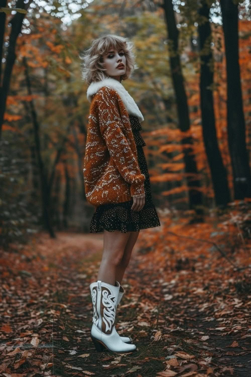 a woman wears an orange brown coat, a black polka dot dress and white cowboy boots