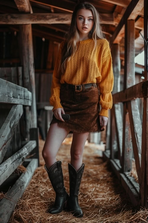 a woman wears an orange sweater, a suede skirt and black cowboy boots