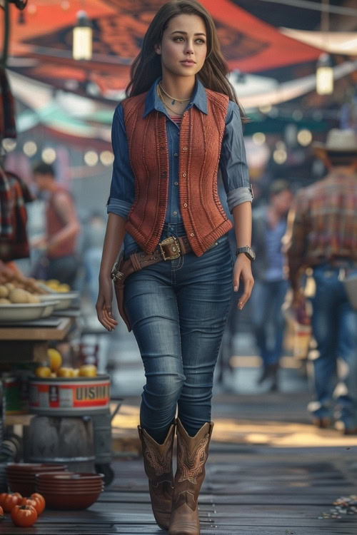 a woman wears an orange sweater vest, a denim shirt, blue jeans and brown cowboy boots