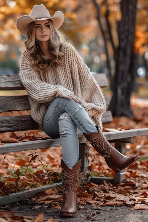 a woman wears an oversized sweater, ripped jeans and brown cowboy boots