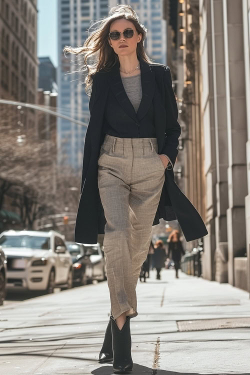 a woman wears black ankle cowboy boots, a black top, a long coat and pants