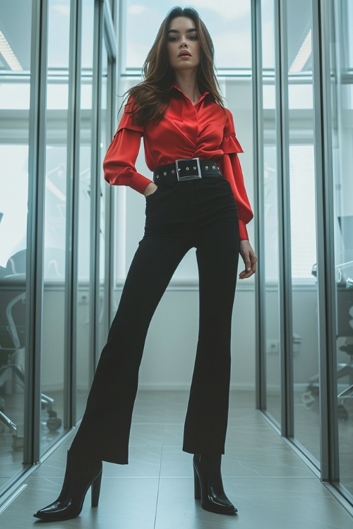 a woman wears black ankle cowboy boots, a red blouse with black pants