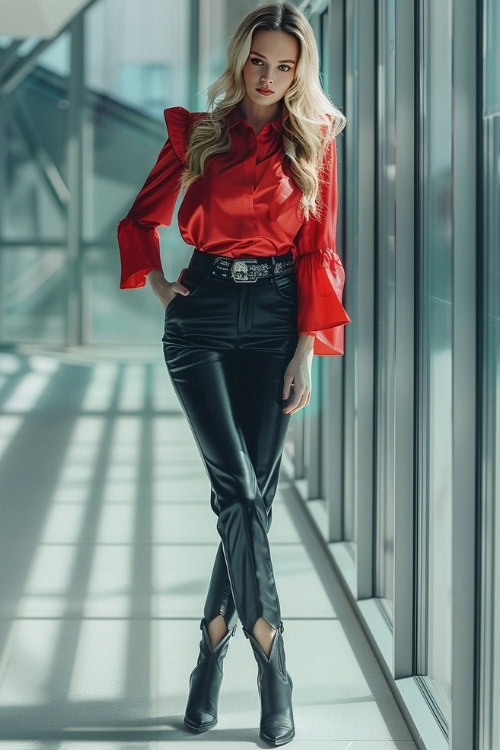 a woman wears black ankle cowboy boots, a red shirt and leather pants