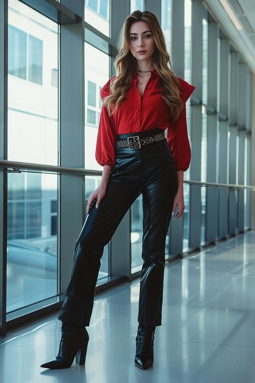 a woman wears black cowboy boots, a red shirt and leather pants