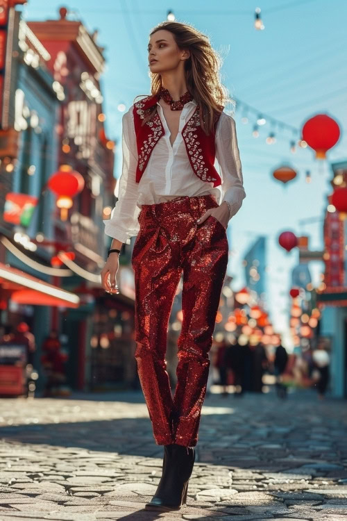 a woman wears black cowboy boots, a white shirt, a red vest and sparkly red pants