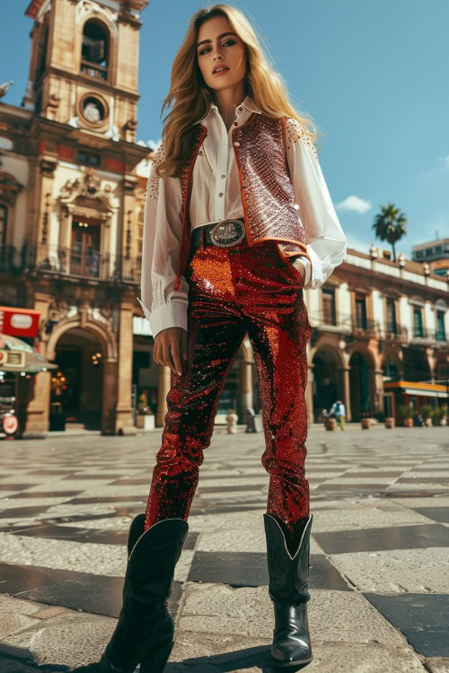 a woman wears black cowboy boots, a white shirt and sparkly red pants