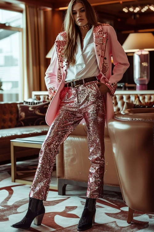 a woman wears black cowboy boots, a white top, a pink blazer, and sparkly pink pants