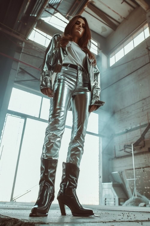 a woman wears black cowboy boots, a white topt, a silver jacket and silver pants