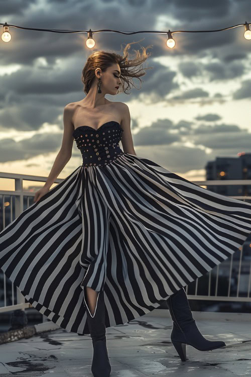 a woman wears black cowboy boots and a striped dress