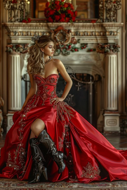 a woman wears black cowboy boots with a red dress